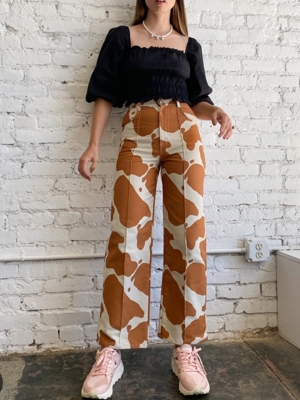 Lisa Says Gah Brown and Ivory Cowprint Wide Leg Pants